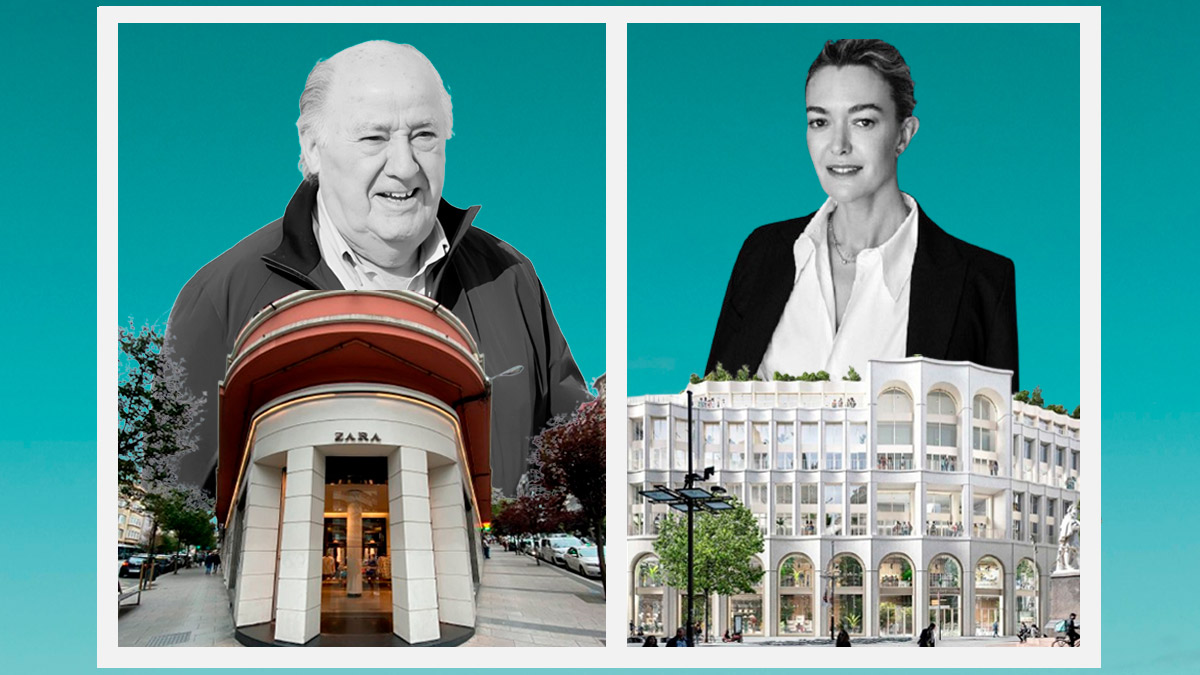 Amancio Ortega sobre la primera tienda de Zara en A Coruña y Marta Ortega, con el edificio sobre el que se construirá el Zara más grande del mundo en Amberes