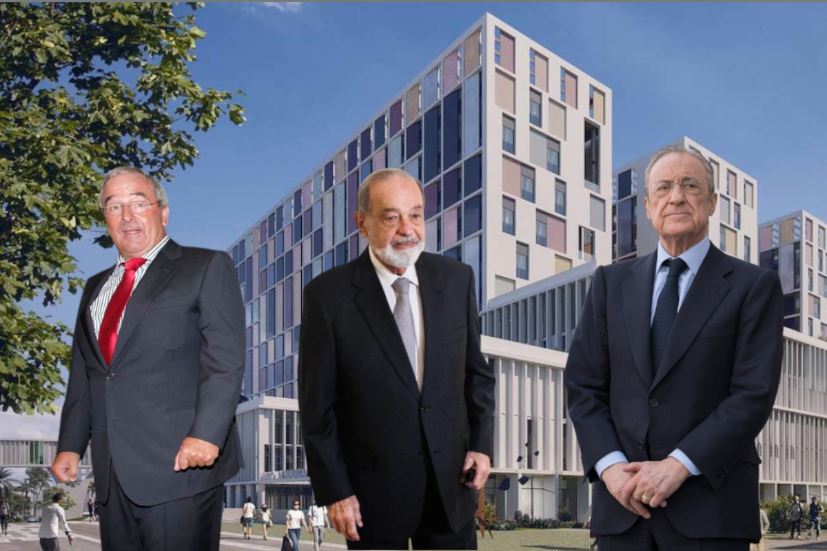 Jacinto Rey (San José), Carlos Slim (FCC) y Florentino Pérez (ACS), con el proyecto para el nuevo hospital de Málaga de fondo