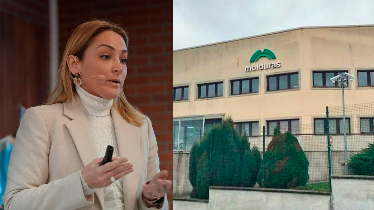 Marián Mouriño, presidenta del Celta de Vigo, e imagen exterior de la planta de Molduras del Noroeste