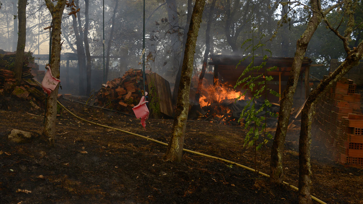 Jardín privado quemado durante el incendio, a 12 de agosto de 2025, en Seixalbo, Ourense