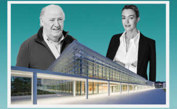 Ilustración de Amancio y Marta Ortega sobre un edificio de la sede central de Inditex