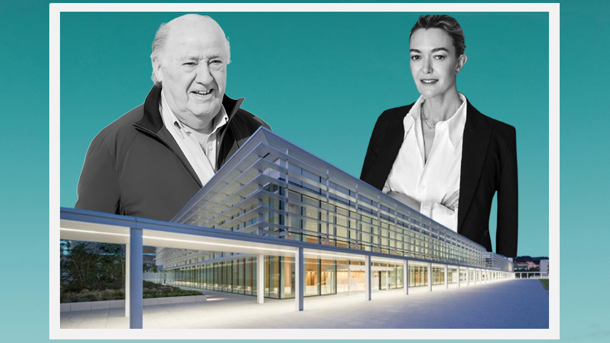 Ilustración de Amancio y Marta Ortega sobre un edificio de la sede central de Inditex