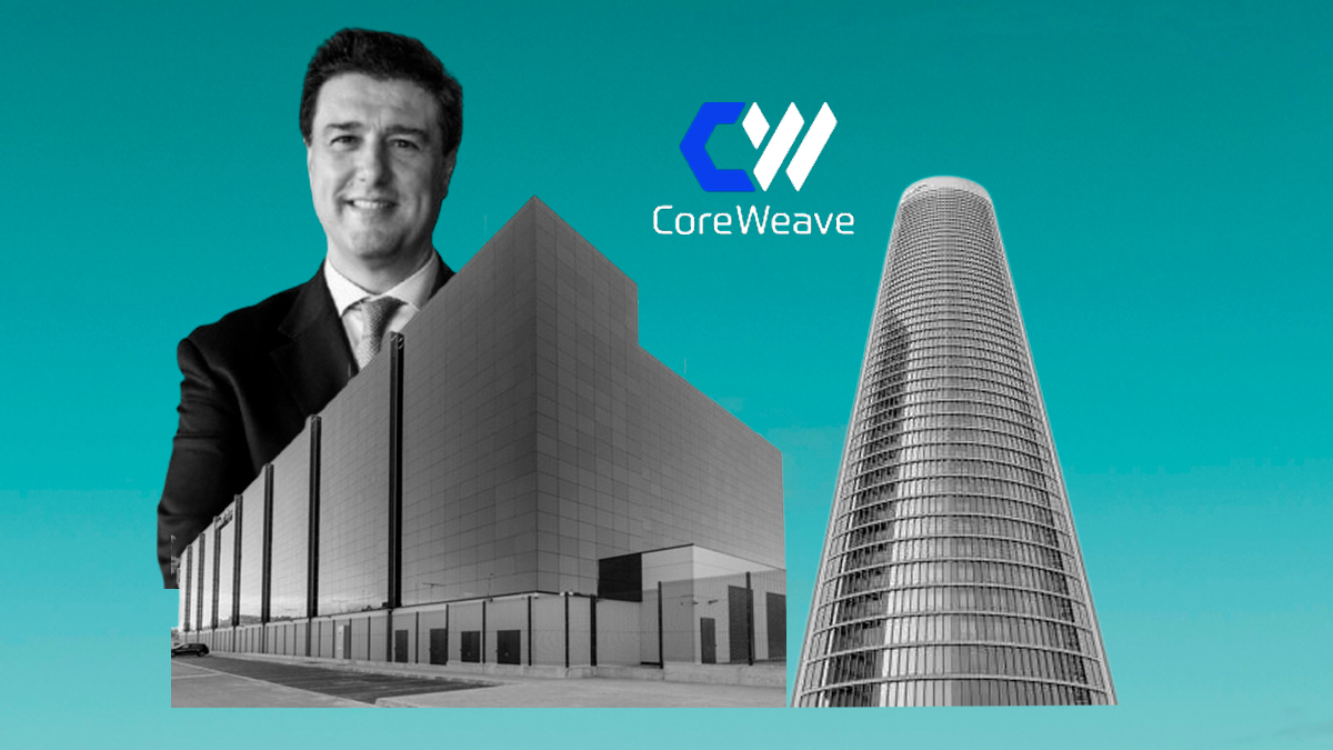 Ilustración con Ismael Clemente, el centro de datos de Merlin en Cataluña y la Torre PwC