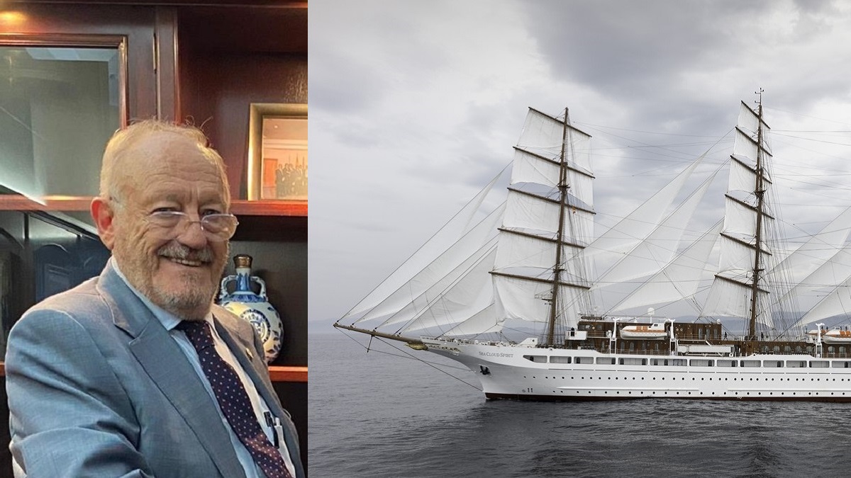 Manuel Rodríguez, empresario naval vigués, al lado de una imagen de uno de los proyectos de uno de sus astilleros, Metalships.