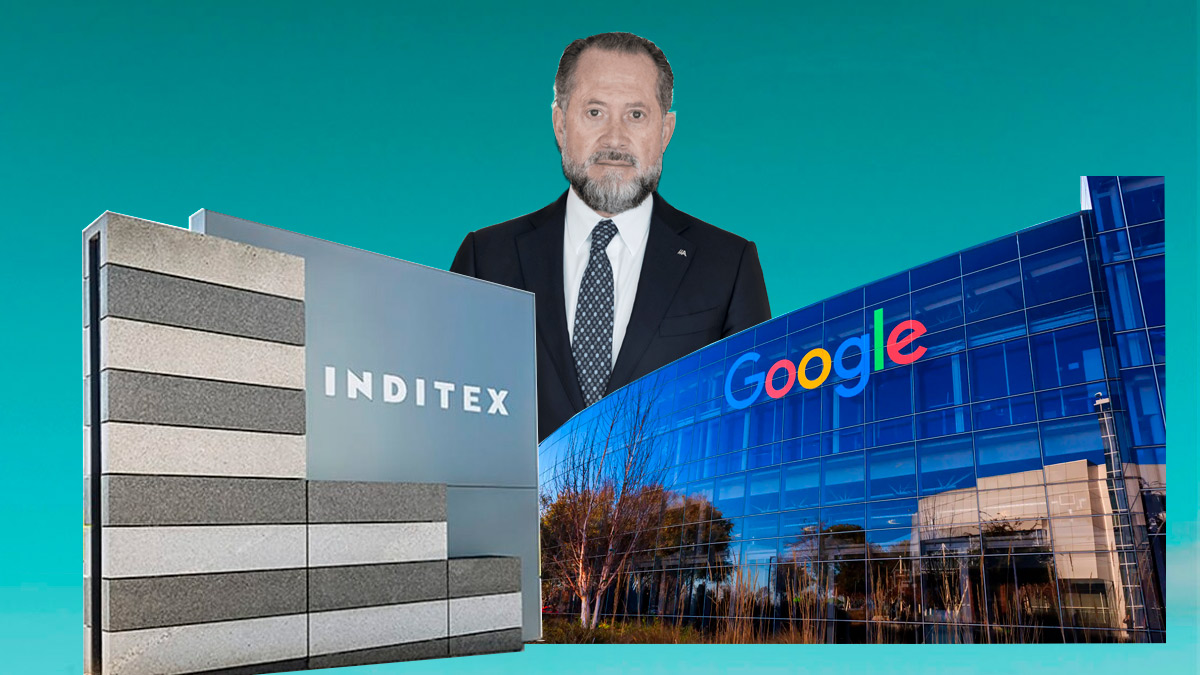 Montaje con Juan Carlos Escotet y los edificios de Inditex y Google