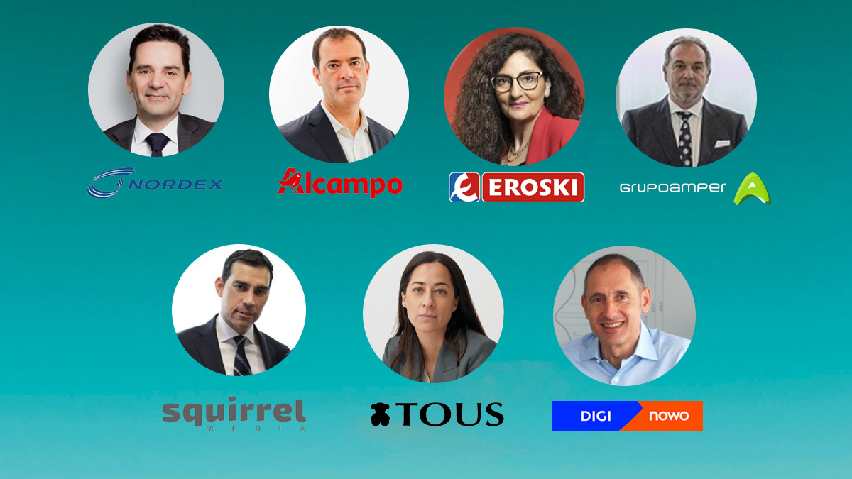 Arriba (I-D) José Luis Blanco (Nordex) , Carlos Pedreira (Alcampo), Rosa Carabel (Eroski) y Jesús Esmorís (Amper). Abajo, a la izquierda, Pablo Pereiro (Squirrel Media) junto a Susana Sánchez (Tous) y Arturo Dopico (Nowo).