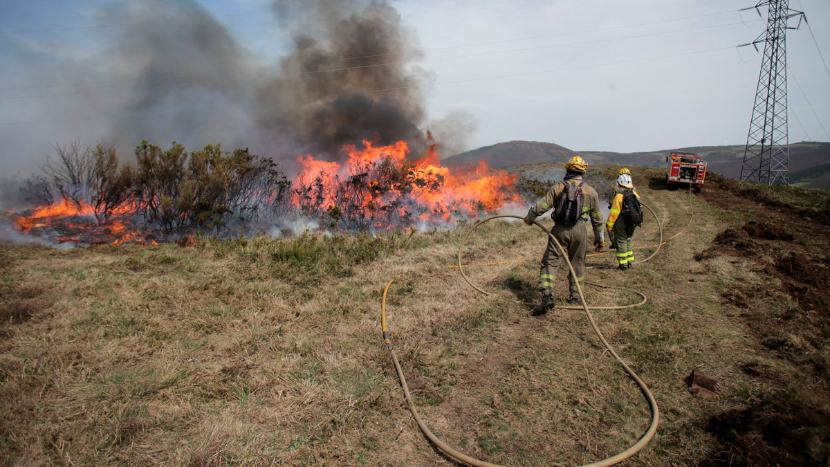 Efectivos de la Xunta con base en Becerreá trabajan para extinguir las llamas en un incendio forestal en Baleira, Lugo.