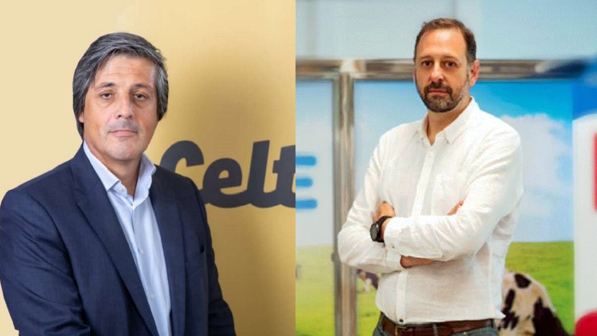 Javier Bretón, el director general de Leche Celta, al lado de una imagen de Jesús García, que desembarca en la empresa en manos de Lactogal procedente de Leche Río (Grupo Lence)