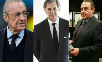 De izquierda a derecha, Florentino Pérez, presidente de ACS; José Manuel Entrecanales, presidente de Acciona; y José Luis Suárez, presidente de Copasa