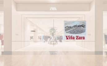 Montaje con los logos de Zara y Viña Zara sobre una foto del exterior de una tienda de Zara
