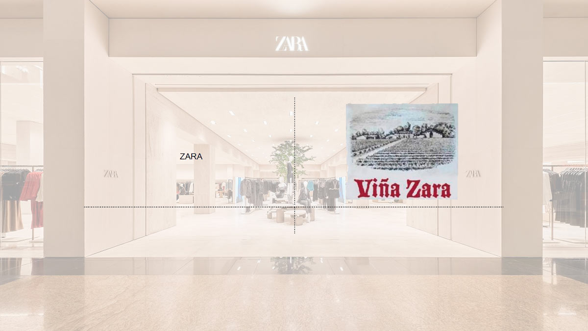 Montaje con los logos de Zara y Viña Zara sobre una foto del exterior de una tienda de Zara