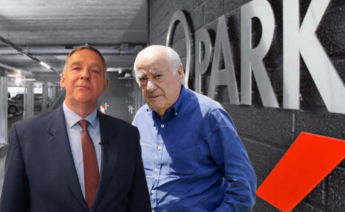 Frank de Moor, CEO de Q-Park, y Amancio Ortega, en un montaje con uno de los aparcamientos del grupo de fondo