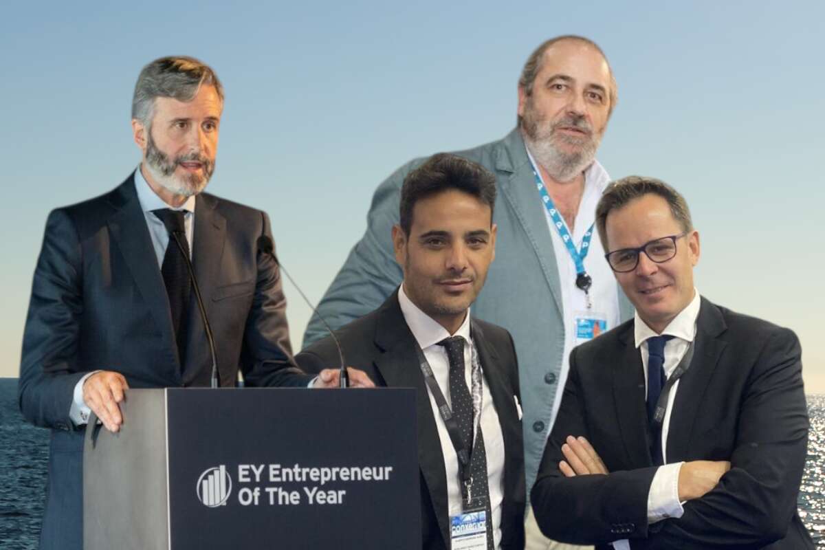 De izquierda a derecha, el presidente de Profand, Enrique García Chillón; los fundadores de Wofco, Alberto Barreiro y Borja Tenorio; y en segundo plano el CEO de Nueva Pescanova, Jorge Escudero