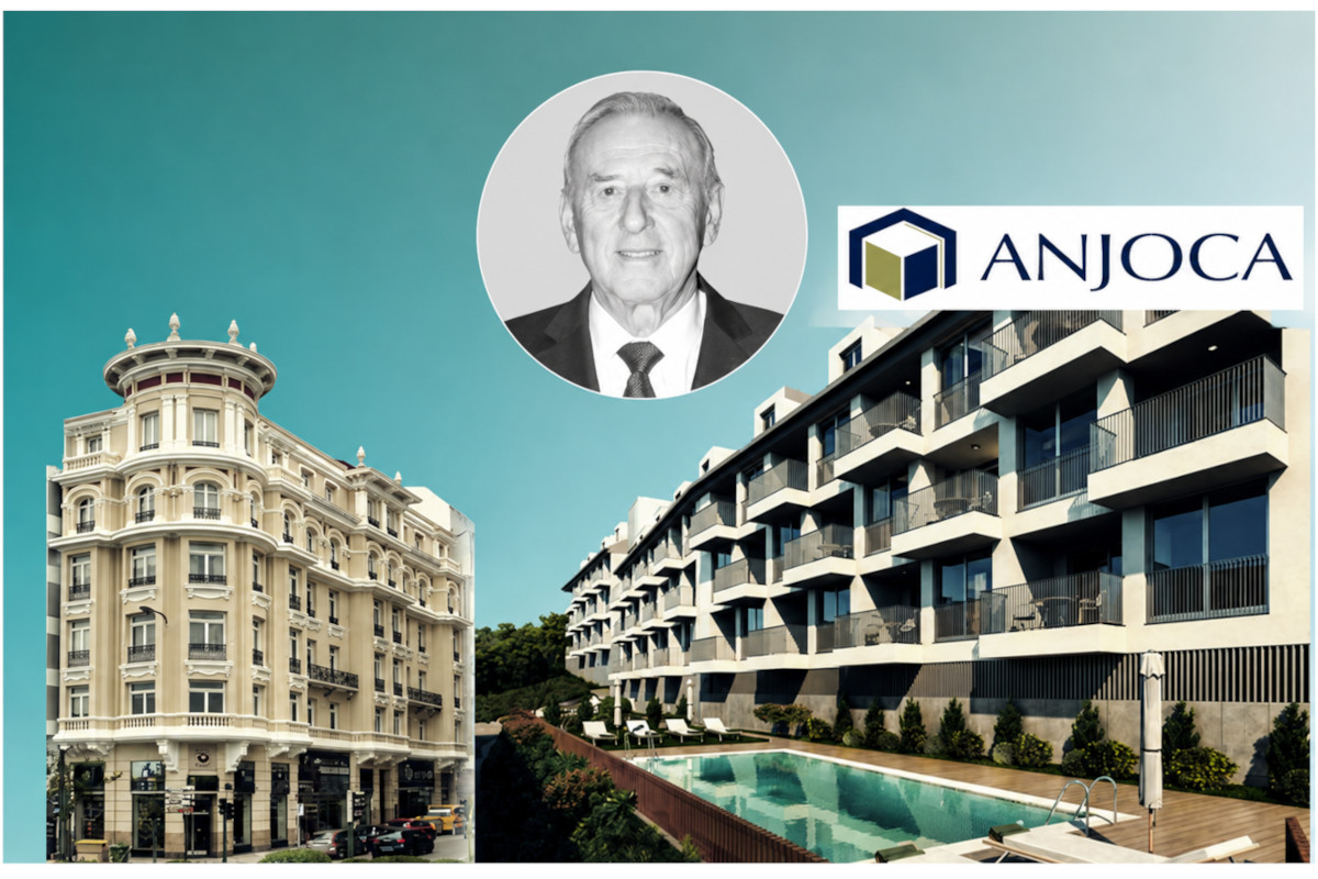 Montaje en el que se puede ver a Ángel Jove, fundador de Anjoca, junto a la sede del grupo y un desarrollo inmobiliario
