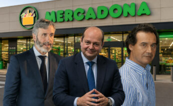 Ilustración que recrea a Enrique García Chillón, CEO y máximo accionista de Profand, junto a Luis Miguel Simarro, presidente de Congalsa, y Jesús Manuel Alonso Escurís, presidente de Jealsa, junto a un establecimiento de Mercadona