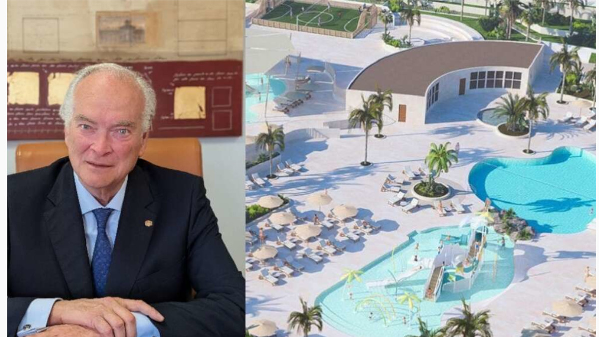 Ángel Jove González, nuevo presidente de Anjoca, al lado de una recreación del hotel Elba Corralejo, que inaugurará en diciembre de 2026