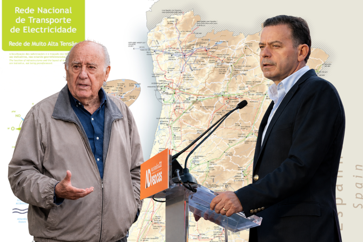 El primer ministro portugués, Luís Montenegro, y Amancio Ortega, en un montaje con el mapa de las redes eléctricas de Portugal como fondo