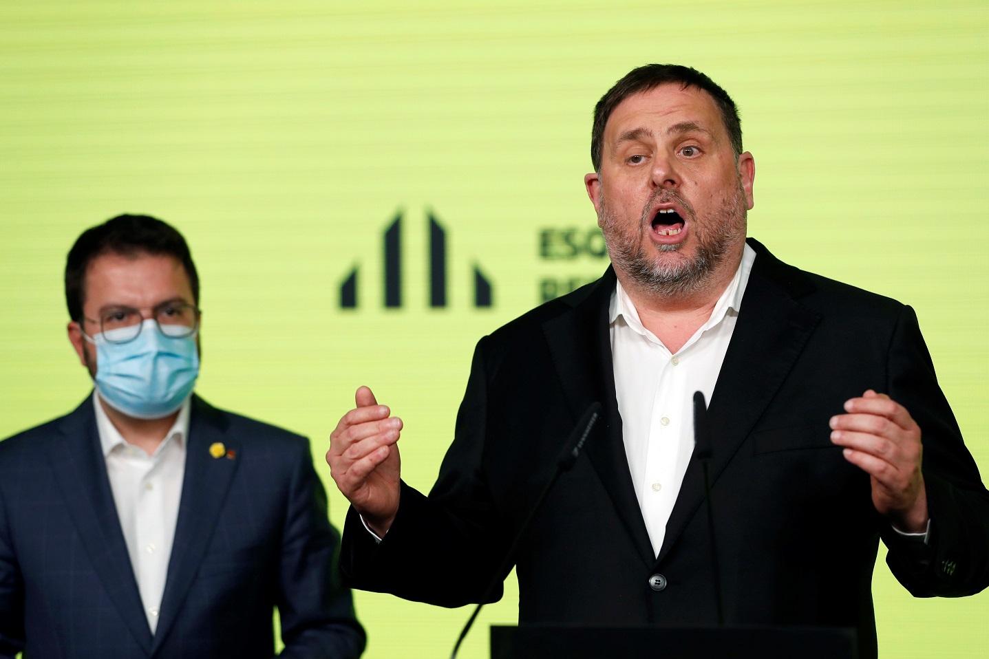El presidente de ERC, Oriol Junqueras, y el candidato del partido al 14-F, Pere Aragonès, comparecen para valorar los resultados de las elecciones catalanas del 14 de febrero de 2021 | EFE/AE