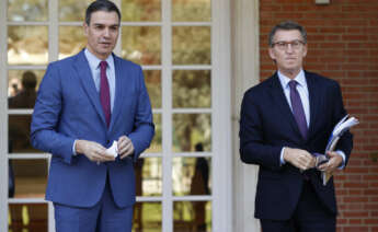 MADRID, 07/04/2022.- El presidente del Gobierno, Pedro Sánchez, recibe al nuevo líder del PP, Alberto Núñez Feijóo, este jueves en el Palacio de la Moncloa en Madrid. EFE/ Chema Moya