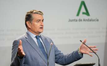 El consejero de la Presidencia, Interior, Diálogo Social y Simplificación Administrativa, Antonio Sanz, durante la rueda de prensa posterior al Consejo de Gobierno de la Junta de Andalucía.