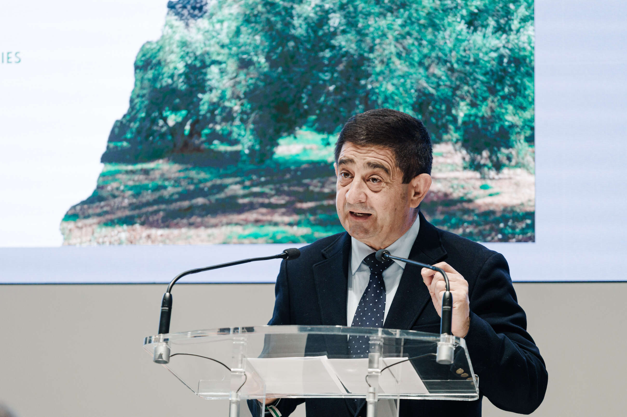El presidente de la Diputación de Jaén y de Ferias Jaén, Francisco Reyes, durante la XXII Feria Internacional del Aceite de Oliva e Industrias Afines (Expoliva).