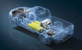 Pila de combustible, inversor, depósitos de hidrógeno, batería y motor eléctrico del Toyota Hilux Fuel Cell.