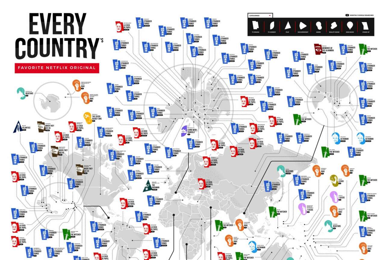 Mapa del mundo de series favoritas de Netflix. Fuente Budget Direct.